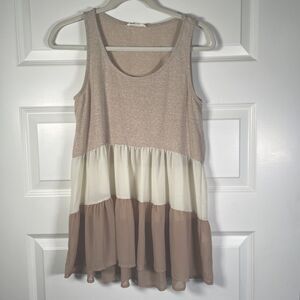 ENTRO Dress Babydoll Layered Color block Neutral Sleeveless Tank Cream Beige XS